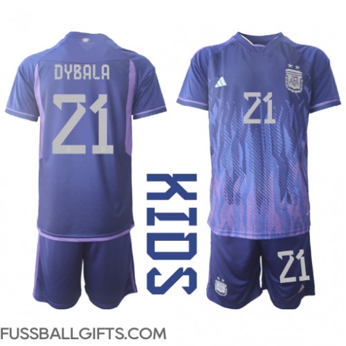 Argentinien Paulo Dybala #21 Fußballbekleidung Auswärtstrikot Kinder WM 2022 Kurzarm (+ kurze hosen)